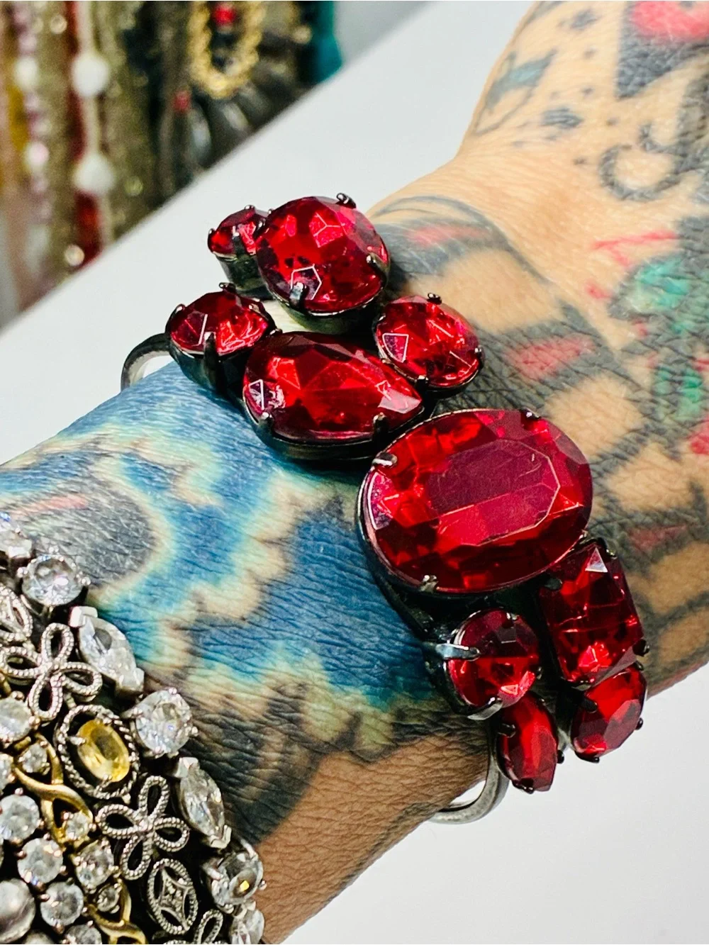 Bold Crimson Red Crystal Statement Cuff Clamper Bracelet - Women's Jewelry